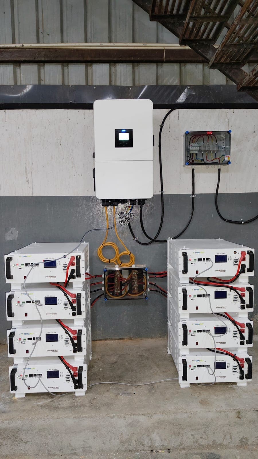 Rack-mounted PowerStorm battery packs with hybrid inverter at an industrial office